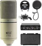 MXL 770 Cardioid Condenser Microphone for Piano, Guitar, and Vocal Recording (Vintage White) Bundle with Blucoil Portable USB Audio Interface for Windows and Mac, 10' XLR Cable, and Pop Filter