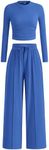 BTFBM Casual 2 Piece Sets For Women Fall Outfits Ribbed Knit Long Sleeve Crop Top Wide Leg Pants Matching Lounge Set(Solid Blue, Medium)