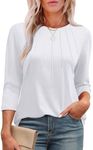 XIEERDUO 3/4 Sleeve Tops for Women Pleated Round Neck Tunic Tops Loose Fit Fall Shirts White S