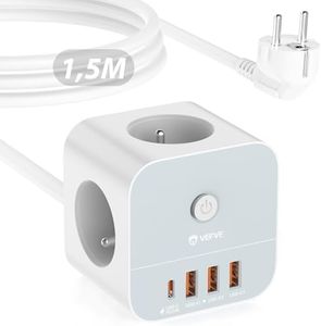 VEFVE Multiprise Électrique avec USB C (Charge Rapide PD 20 W), Cube Prise Multiple avec Interrupteur (3680 W/16 A), 3 Prises et 4 Ports USB, Rallonge Électrique 1,5m