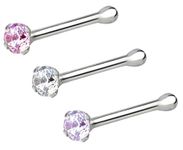 Forbidden Body Jewelry Nose Rings Sterling Silver CZ Simulated Diamond Micro Nose Studs 22G (Set of 3), Metal, cubic-zirconia