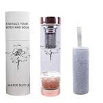 AITELEI Crystal Elixir Infused Gem Water Bottle with Tea Infuser, Crystal Water Bottle Tea Strainer with Removable Rose Quartz Crystals for Chakra Wellness - 15 oz (Rose quartz)