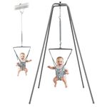 Jolly Jumper ELITE with Convertible Door Clamp (Grey) - Baby Exerciser Bundle with Iconic Doorway Jumper + Premium 6 ft Stand, Adjustable Saddle Seat, Indoor/Outdoor Use, for Infants up to 28 lbs