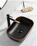 OSOSAM IMPORTED Premium Designer Table Top Ceramic Wash Basin/Vessel Sink with Slim Rim Countertop Basin for Bathroom (18 x 13 x 5.5 Inch, Matte Black Golden tip Sink)