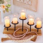 Pillar Candle Holders for Table Centerpiece, Romadedi Decorative Table Centerpieces for Dining Room, 5-Votive Glass Hurricane on Wood Tray for Wedding Decor, Home Centerpiece Table Decorations