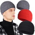 3 Pack Wool Fisherman Beanies for Men, Short Knit Watch Cap Cuffed Trawler Hats, E-black, Gray, Red, One Size