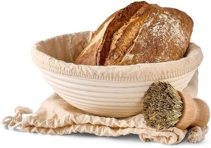 Cesta de Fermentación para Pan - Banneton Redondo 1 kg - 25 cm - Hecha de Ratán Sostenible - Juego con Cepillo, Tela de Lino y Bolsa para el Pan