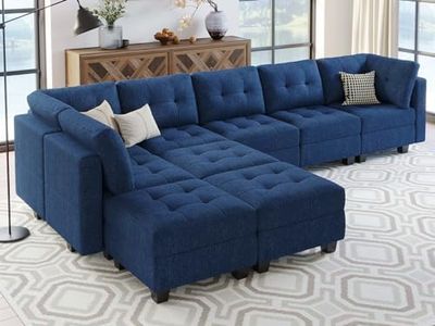 Belffin Blue L Shape Modular Sectional Sofa with Storage, 9 Seats, Cotton, Firm, Modern, Indoor