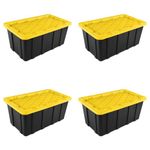 Sterilite 38 Gal Industrial Tote, Stackable Storage Bin with Snap-Fit Lid for Garage, Basement & Attic Storage, Black Base and Yellow Lily Lid, 4-Pack