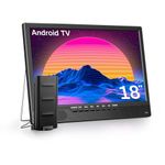 Desobry 18 Inch Smart TV, Android Small TV with Youtube Netflix, Outdoor TV with DVB-T2 Tuner Antenna, Built-in Stand, HDMI AV USB Input, 12V for campervan/kitchen/camping/RV (No battery)