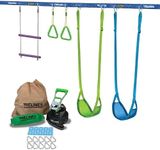 Trelines Swingset Gymnastics Kit 36 ft - Slackline Swing Set for Backyard, Monkey Bars & Gymnastics Line - 2 Swings, Double Trapeze bar, 2 Gym Rings - Outdoor Playset for Kids - Ages 3+ Holds 500 lbs.