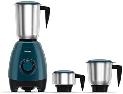 Havells ESO 750 Watt Mixer Grinder | 3 Stainless Steel Jars with Handles | 304 Rust-Resistant SS Blades | 21000 RPM High-Speed Motor | 5-Year Motor Warranty | Heavy-Duty Mixie (Teal)