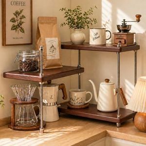 CheerNest Ultra-Thick 24mm Solid Wood Coffee Station Organizer&Spice Rack for Kitchen Countertop, Corner Industrial 3-Tier Adjustable Shelf with 10mm 304 Thread Rods for Espresso Gear, Walnut Finish