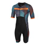 ZONE3 Men's Momentum Short Sleeve Full Print Trisuit (Blue/Grey/Orange, S)