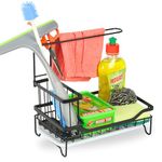 POPCUBE Countertop Sink Organiser for Kitchen with Towel Hanger -Sink Organizer| Sink Caddy with Brush & Sponge Holder Cup & Drain Tray (Black, Medium)