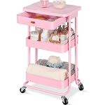 TOOLF Rolling Storage Cart with Drawer & Table Top, 3 Tier Metal Rolling Utility Cart, Rolling Cart Organizer for Teacher Craft Baby Nursery, Utility Cart for Kitchen Bathroom Bedside Office(Pink)