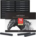 ARTEZA Compressed Charcoal Sticks, Set of 16, Medium and Hard Grade Sketching Crayons