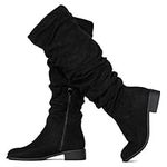 Women's Slouchy Pull On Low Block Heel Knee High Boots (Medium Calf) Black SU (9)