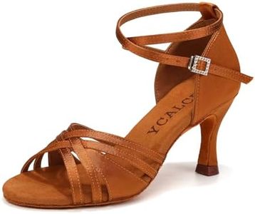 YCALCP Chaussures Danse de Salon Professionnel Chaussures de Danse Latine Femme Satin Bout Ouvert Salsa Bachata,L3049,7.5cm Talon,Marron,EU 37
