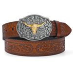 LEACOOLKEY Western Cowboy Leather Belt for Men Longhorn Bull Buckle Belt 1.5" Wide Floral Engraved Embossed Leather Belt,Brown,Fit Size 26"-31"