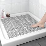 Homecloud Non-Slip Shower Mat for Bathroom & Bathtub – Anti-Skid Mat with Strong Suction Cups, Drainage Holes & Foot Massage Surface-Exfoliating Textured Bath Mat for Adults & Kids (Square_Light Grey)