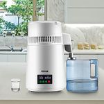 VEVOR 1.1Gal Water Distiller, 0.3Gal/H, 750W Distilled Water Maker Machine 0-99H Timing Set Temp Display, 304 Stainless Steel Countertop Distiller Glass Carafe Cleaning Powder 3 Carbon Packs, White