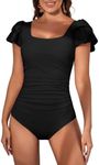 Eomenie Women's Tummy Control One Piece Swimsuit Ruffle Square Neck Bathing Suit Ruched Cutout Back Slimming Swimwear, Black, X-Large