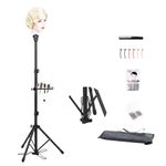 Klvied Wig Stand Tripod Adjustable Mannequin Head Stand with Foot Panel, Reinforced Metal Wig Head Stand with Tool Tray for Cosmetology Hairdressing Styling Training