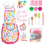 KAEGREEL Kids Baking Set 26Pcs with Dinosaur Apron & Chef Hat Role Play Cooking Set Chef Dress Up Toys Pretend Play Gifts for Boys Girls Aged 3 4 5 6 7 Years Old Pink