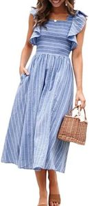 Miessial Women's Striped Linen Long Dress Elegant Ruffle Cap Sleeves Midi Dress - Blue - 4/6