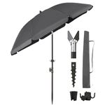 Sekey 1.8m Beach Umbrella with Ground Spike, Umbrella Cover & Hook, Stable Parasol with Eight Ribs for Balcony, Garden, Patio. Tilt Angle and Height Adjustable, Round Sun Protection UPF 50+, Dark Gray