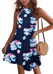 WNEEDU Womens Summer Beach Dress Mini Cover-Ups Dress Sun-Dress Halter Neck Casual Dresses with Pockets, Navy Pink Flower L