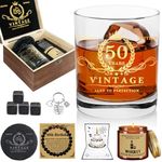 50th Birthday Gifts Ideas for Men: 50 Year Old Bday Gift for Man - Gold Printed Whiskey Glass Set with Wood Box - Mens Vintage 50 Th Anniversary Presents for Him Dad Husband Brother Male Friends