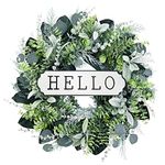 Hello Door Wreath, Boxwood Wreath 24inch, 24'' Farmhouse Eucalyptus Flocked Lambs Ear Wreath for Front Door Hanging Wall Window Party Decoration