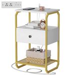 runjuly End Table with Wooden Drawer, 3 Tier Night Stands with Charging Station, Bedside Table with Storage, Small Side Table, Night Table, Nightstand for Living Room, Bedroom, Dorm, White and Gold