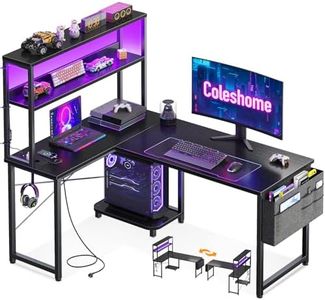 Coleshome Gaming Tisch L Form mit LED & Steckdosen, 110 × 80 cm Reversibel Gaming Schreibtisch mit Ablageregalen, Eckschreibtisch mit Aufbewahrungstasche für Homeoffice und Gaming, Schwarz