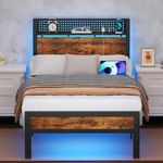 Furnulem Bed Frame Twin Size with LED Lights & Charging Station,Bedframe with Wood Storage Headboard,Metal Platform Bed with Under Storage,USB Port,Strong Metal Slats,No Box Spring Needed