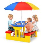 Honey Joy Kids Picnic Table with Umbrella, Toddler Plastic Table Bench Set, Folding & Removable Umbrella, Kids Outdoor Table and Chair Set for Backyard Furniture, Gift for Boys Girls(Multicolored)