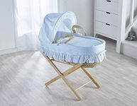 ELEGANT BABY Broderie Anglaise Blue Palm Moses Basket with Natural Folding Stand, Adjustable Hood, Fibre Mattress & Padded Liner