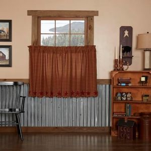 VHC Brands Classic Country Primitive Kitchen Window Curtains-Star Red Scalloped Tier Pair, L36 x W36, Burgundy