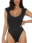 REORIA Women's Summer Sexy Casual V Neck Double Lined Seamless Sleeveless Slimming One Piece Leotards Going Out Trendy Tank Top Tees Thong Bodysuits Black Plus Size 2X-Large