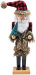 Ornativity Christmas Nostalgic Santa Nutcracker – Red and Black Wooden Nut Cracker Santa Clause Man with Buffalo Brown Fur Plaid Coat Holding a Xmas Tree Themed Holiday Doll Figure Decorations 15"