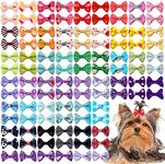 PET SHOW 100pcs/50pairs Small Dog Hair Bows Topknot with Rubber Bands Cat Puppy Pets Headdress Grooming Hair Accessories Color Assorted Randomly
