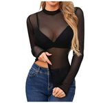 Mesh Tops for Women Long Sleeve Mock Neck Fitted Sexy Top See Through Tee Going Out Tops Cute Lace (2-D, M)