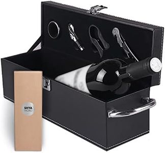 ShyaWorld Caja para Botella de Vino de Polipiel. Estuche para regalar. Kit Set Accesorios de vinos Incluidos. Sacacorchos, Recogegotas, Dosificador, Tapón...Botella No incluida. (NEGRO)