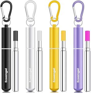 4 Pack Portable Reusable Metal Straw Collapsible Stainless Steel Drinking Straw Telescopic Straw to Drink Water Smoothie with Aluminum Key-chain Case & Cleaning Brush （Black & silver & purple & gold）