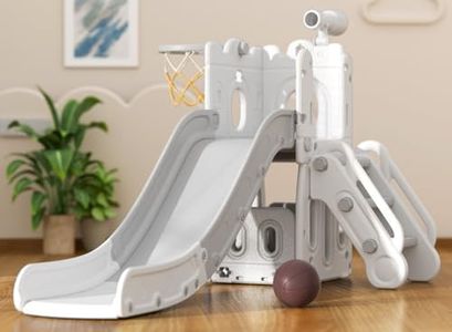 Glaf Toddler Slide 7 in 1 Outdoor Playset Kids Slides Indoor Playground for Backyard Baby Climber with Telescope Basketball Hoop Tunnel Storage Space and Ball (Grey)