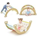 COSTWAY Toddler Climbing Frame, Kids Wooden Arch Climber Ladder with Cozy Cushion, Indoor Montessori Play Gym (Colorful)