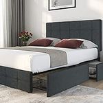 Allewie Upholstered Queen Size Platform Bed Frame with 4 Storage Drawers and Headboard, Square Stitched Button Tufted Mattress Foundation with Wooden Slats Support, No Box Spring Needed, Grey
