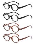 JM Set of 4 Retro Round Reading Glasses Spring Hinge Readers Men Women Glasses for Reading +4.5 Black & Tortoise